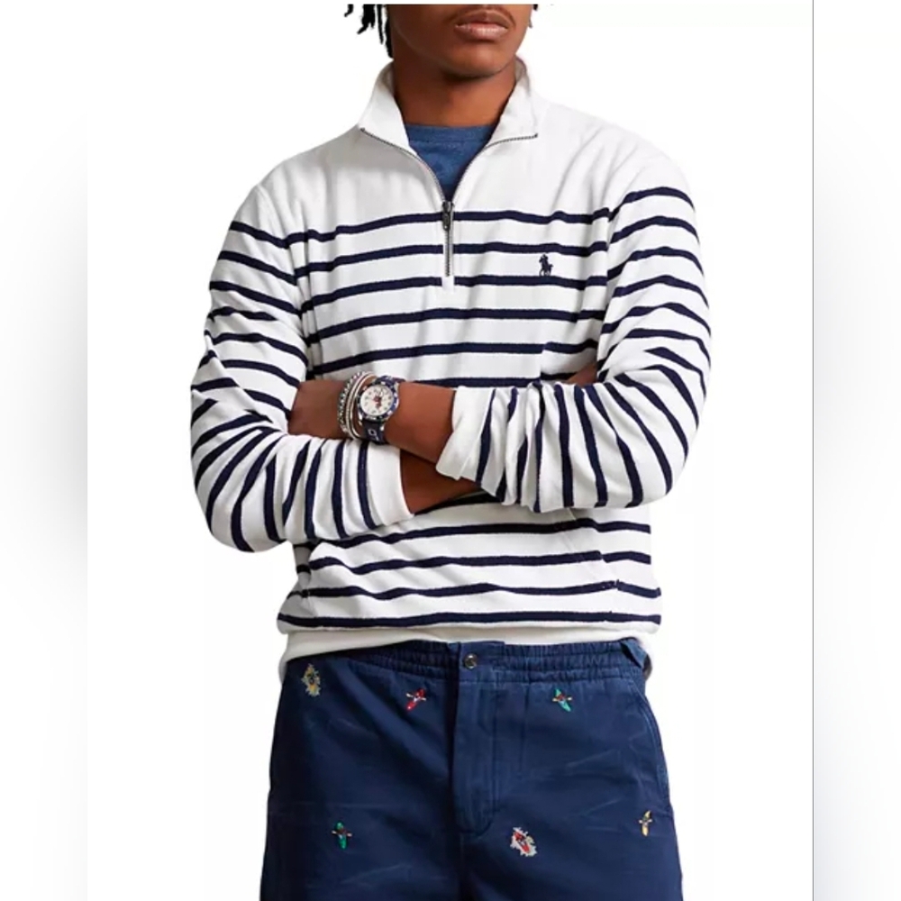$148 Polo Ralph Lauren Men Striped Terry Quarter-Zip Pullover